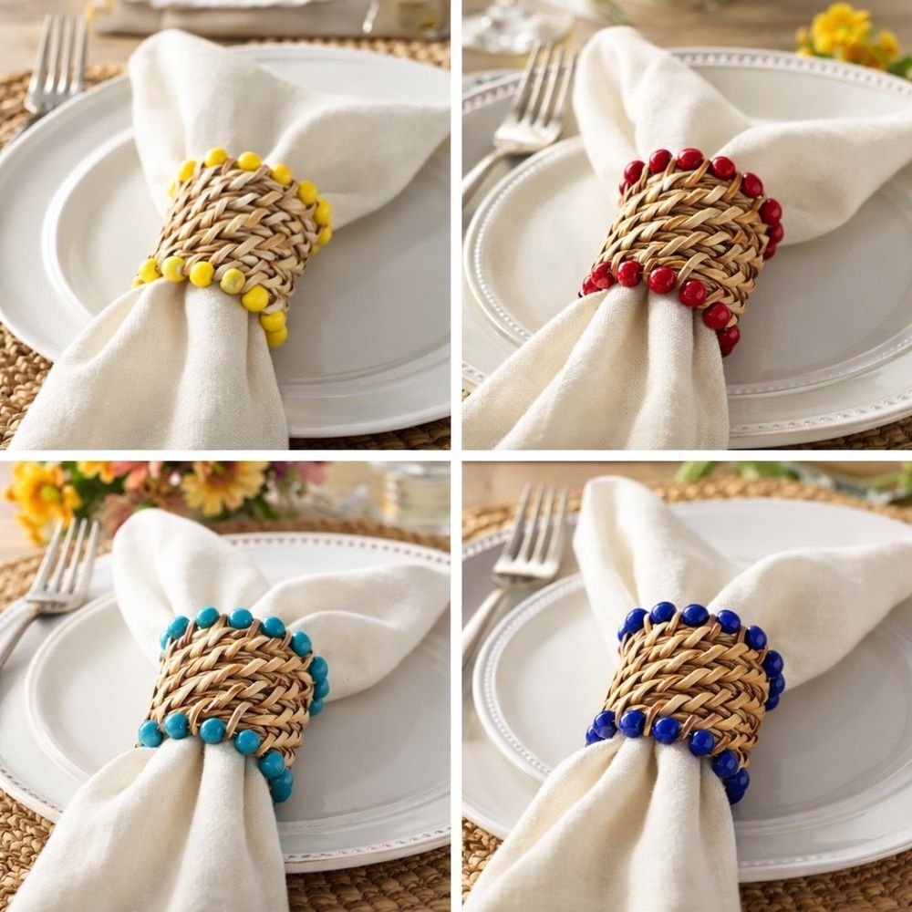 The Pioneer Woman Beaded Wicker Napkin Rings Set 4 Farmhouse Tablescape NWT